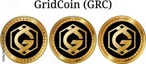 Set of physical golden coin GridCoin (GRC) photo