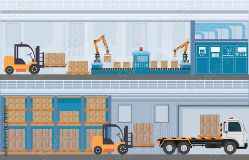 Manufacturing Warehouse Conveyor, Modern Assembly Production Line Industrial.