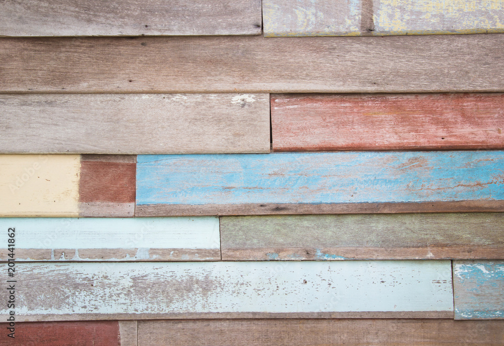Fototapeta premium Wooden plank multicolour wood all antique cracked furniture weathered white vintage wallpaper texture background.