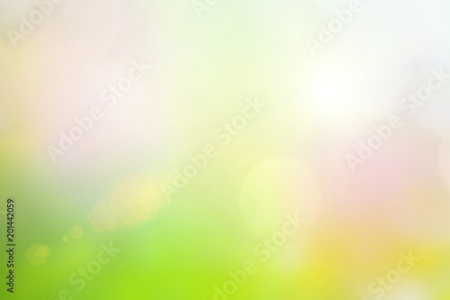 Focus design in happy holiday party and spring blur lights include white wall surface and bokeh or flare bright glow under sun at smooth plain nature background.