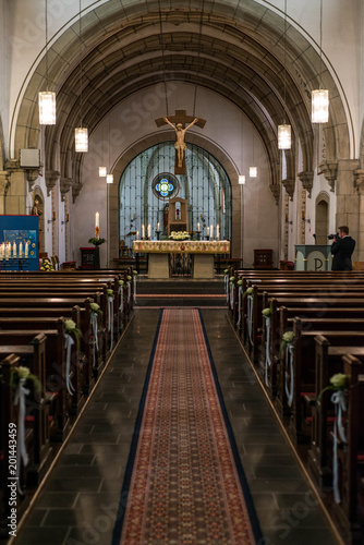 Rieden Germany 15.04.2018 The interior of a simple church with empty seat rows and beautiful old ceiling