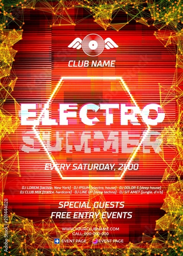 Glitch party poster with red background and hexagon for techno r