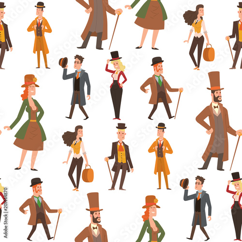 Vintage victorian cartoon gents retro people vector. Style fashion old people victorian gentleman clothing antique century character victorian gent people vintage wild west man and woman style