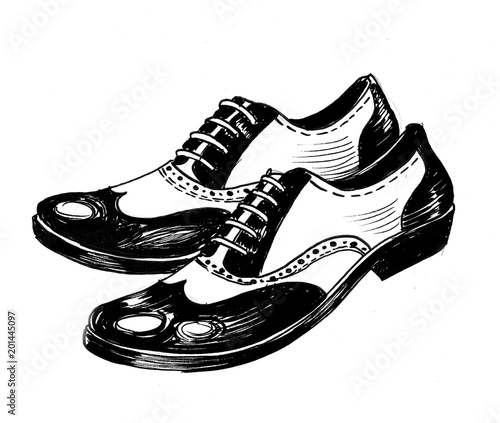 Ink black and white drawing of a classic men`s shoes