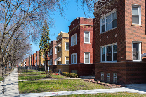 Old brick Chicago buildings on a street