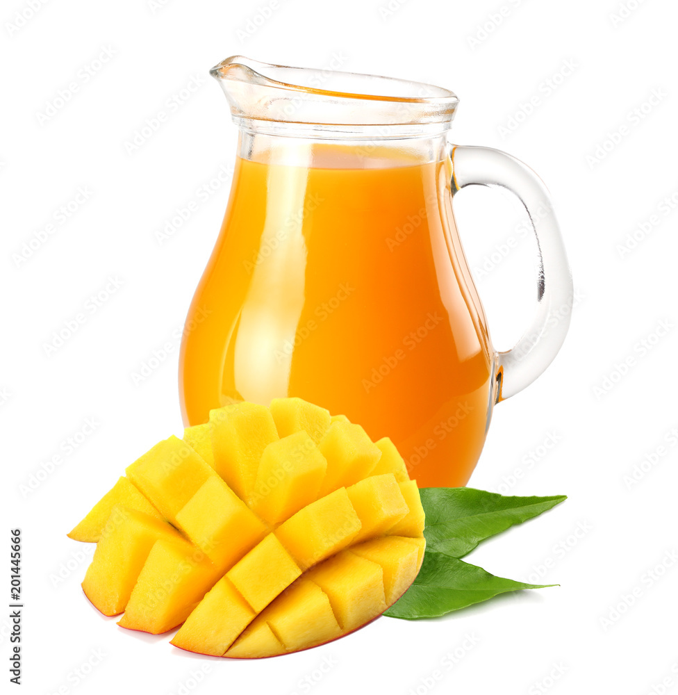 mango juice with mango slice isolated on white background. jug of mango  juice. Stock Photo | Adobe Stock
