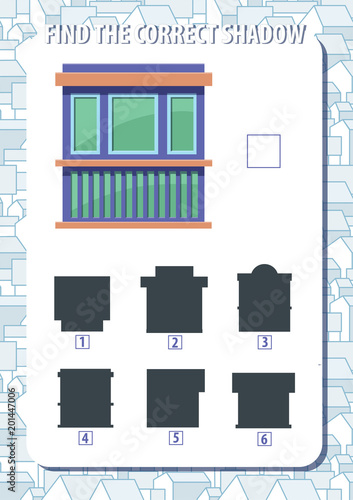 Game for kids. Find the correct shadow of kiosk. Vertical, portrait orientation.