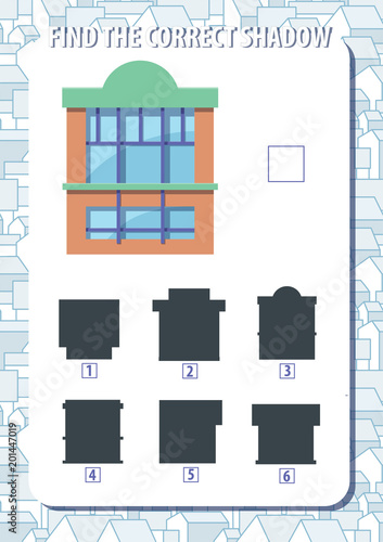Game for kids. Find the correct shadow of kiosk. Vertical, portrait orientation.