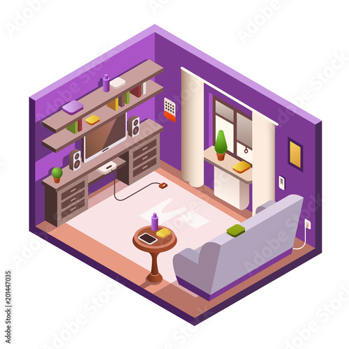 Vector isometric living room interior section. Cozy modern 3d house room in day light from window. Illustration sideboard with tv set with game console joystick sofa purple wall white carpet floor