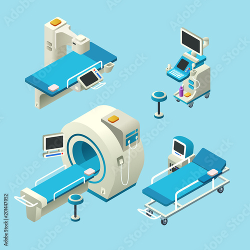 Vector isometric medical diagnostic equipment set. 3d illustration computer tomography ct, magnetic resonance imaging, mri scanning, ultrasound machine, x-ray machine radiology scan, hospital gurney