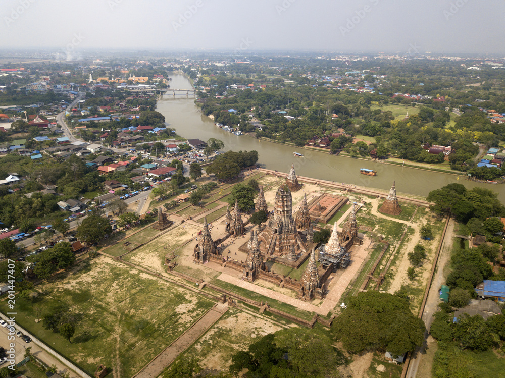 Aerial view Wat Chaiwatthanaram the old temple in Ayutthaya, Thailand.