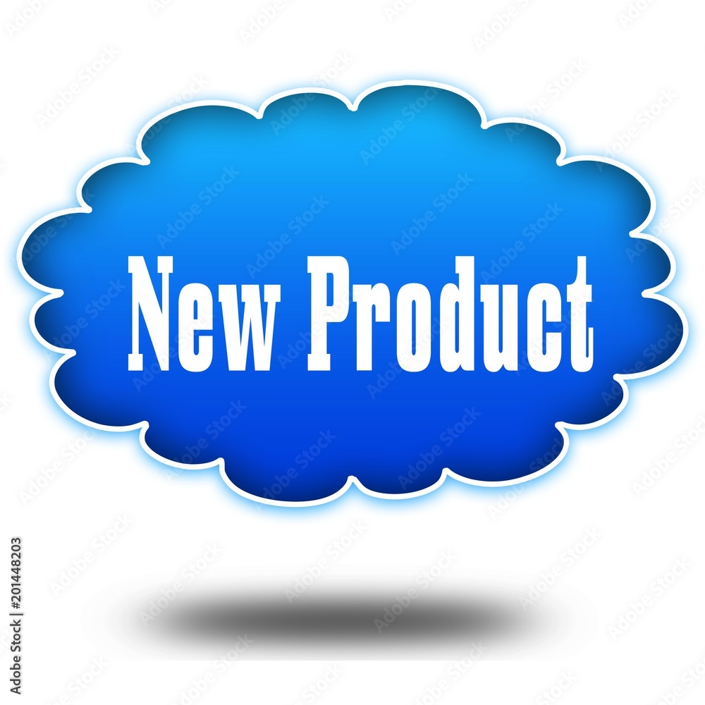 NEW PRODUCT text message on hovering blue cloud. NEW PRODUCT text message on hovering blue cloud.