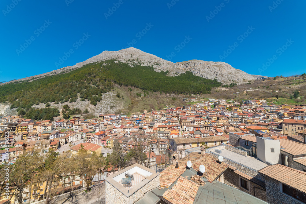 Celano, Italy - 7 April 2018 - A mountain town in province of L'Aquila, Abruzzo region, beside the city of Avezzano, with the medieval stone castle Piccolomini, now public museum