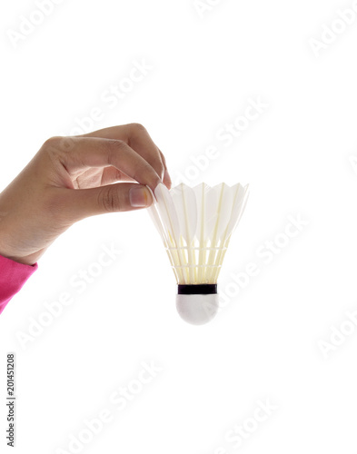Hand holding Badminton shuttlecock isolated on white background