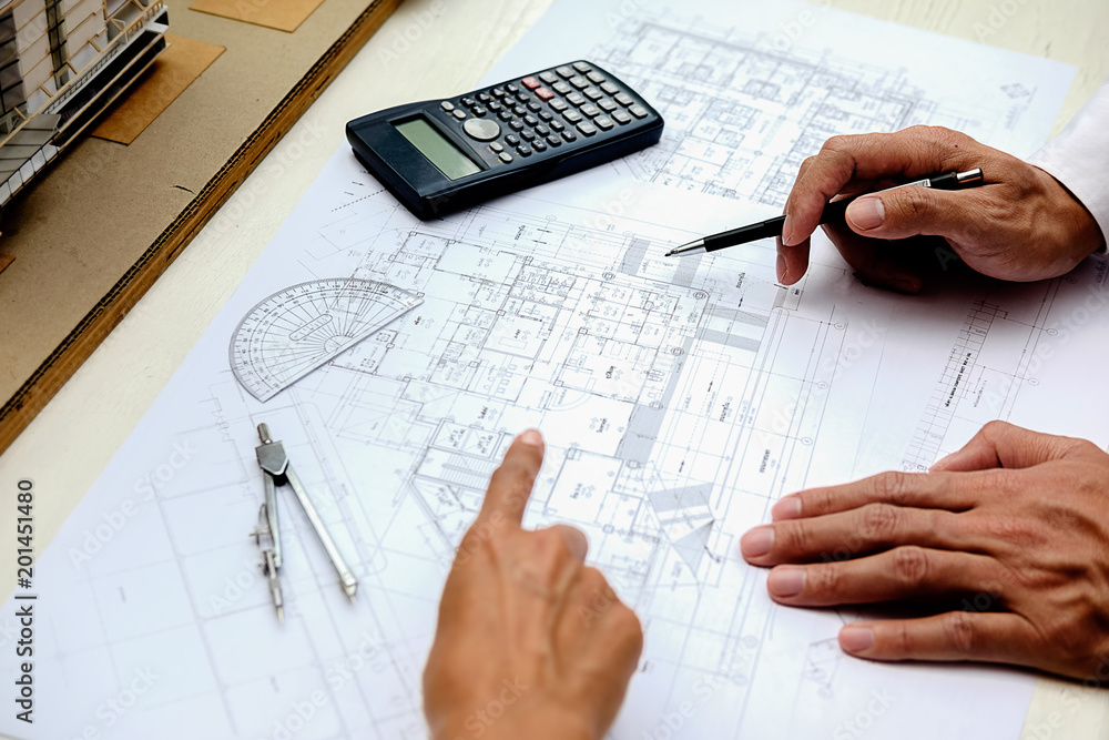 Architect Engineer Design Working on Blueprint Planning Concept. Construction Concept Architect Engineer Design Working on Blueprint Planning Concept. Construction Concept