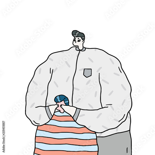 Hand drawn vector illustration of man closing eyes of children kids with hands.