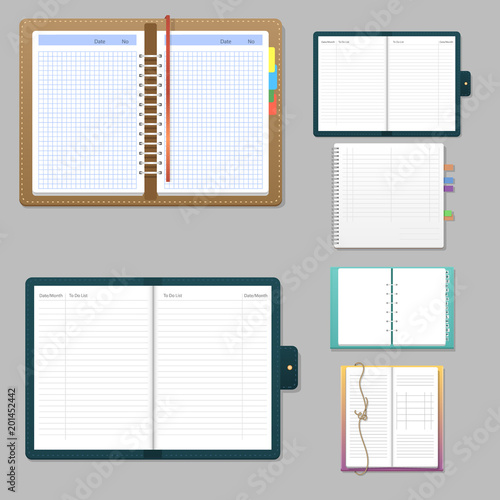 Set of open realistic notebooks with pages diary office sheet template booklet and blank paper education copybook organizer vector illustration.
