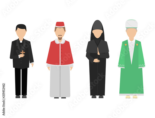Religion people characters vector group of different nationalities human wearing traditional clothes