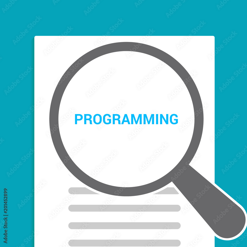 Database Concept: Magnifying Optical Glass With Words Programming Database Concept: Magnifying Optical Glass With Words Programming