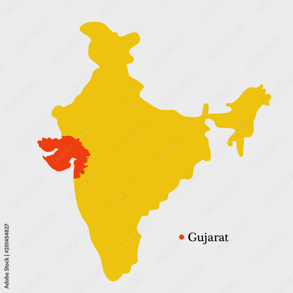 Illustration of India map showing Indian State Gujarat with Hindi text