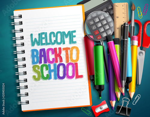Welcome back to school vector design with colorful school items, education elements and white notebook with space for text in blue texture background. Vector illustration.
