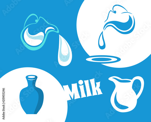 Vector set of illustrations of jugs of milk. illustration pouring fresh milk from glass jug on blue and blue background. 