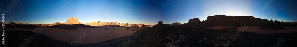 360 Sunrise panoramic view to Moul Naga valley at in Tassili nAjjer national park in Algeria