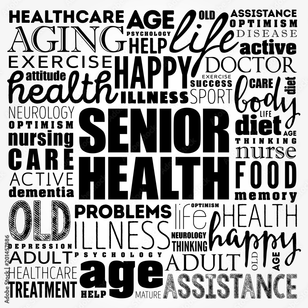 Senior health word cloud collage, social concept background
