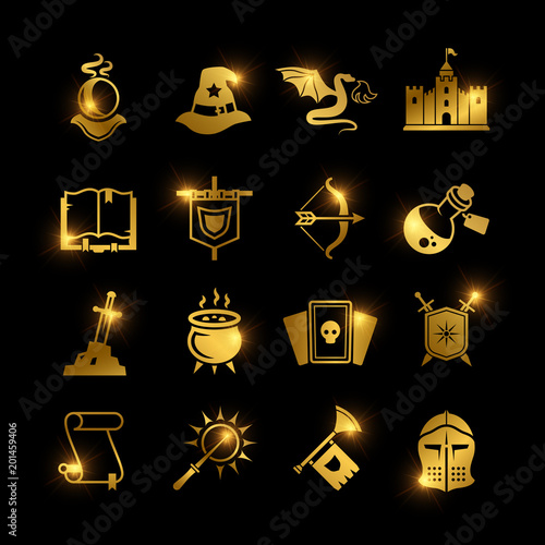 Golden fantasy medieval tale vector icons