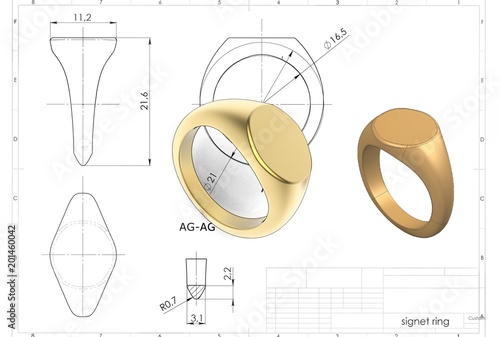 3d illustration of signet ring above engineering drawing