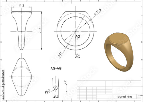 3d illustration of signet ring above engineering drawing Stock Illustration  | Adobe Stock