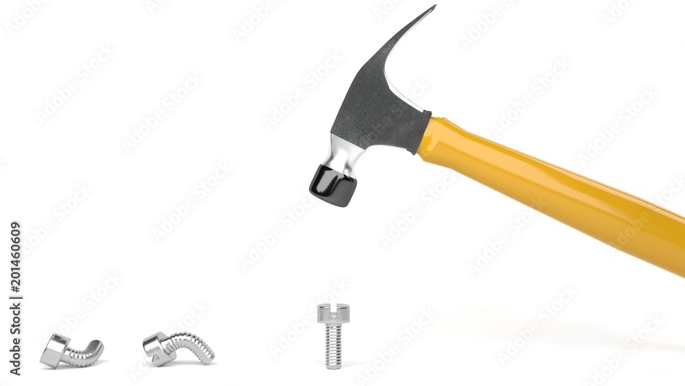 Hammer banging metal screws, symbolizes hard way or smart way, accurate  solutions lead to success, efficiency, smartness, cleverness let you avoid  complications and hard work, optimize, be clever Stock Illustration | Adobe