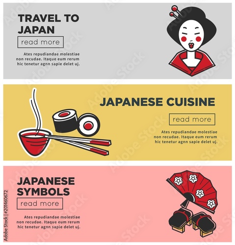 Travel to Japan promotional Internet banners with country symbols