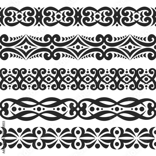 Vector set of black seamless borders, 5 decorative repeat ribbons of oriental style, design elements for create frames, ornate tape decorations with arabic ornament on white background.