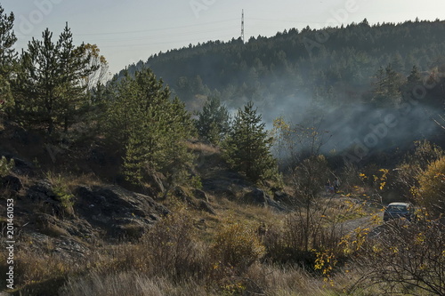 Landscape of autumnal nature with  mix forest, mist  and dry glade in Balkan mountain, near village Lokorsko, Bulgaria    photo