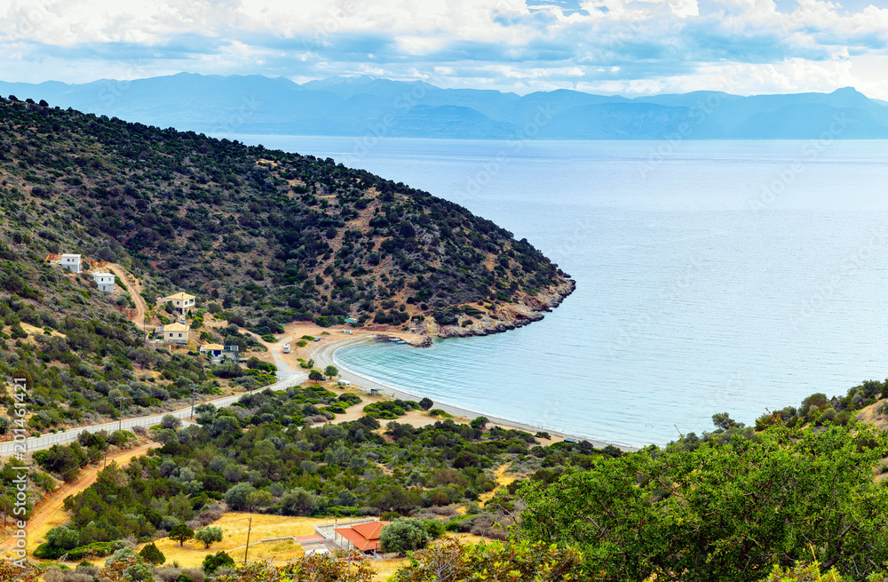 View of the Corinthian Gulf from the height of the cliff. Greece. Peloponnese. 