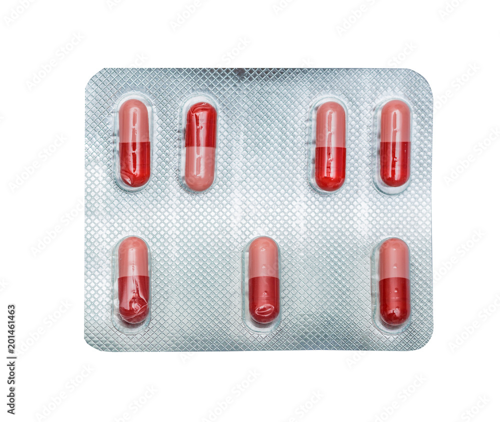 Pack of red pills isolated on white background Pack of red pills isolated on white background