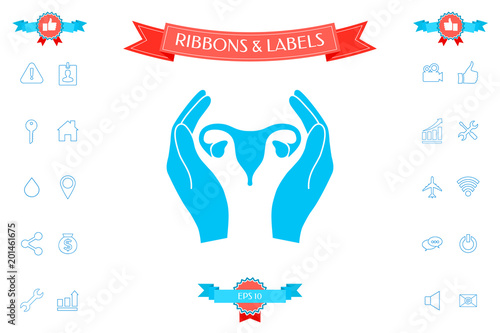 Hands holding Female uterus - protection icon
