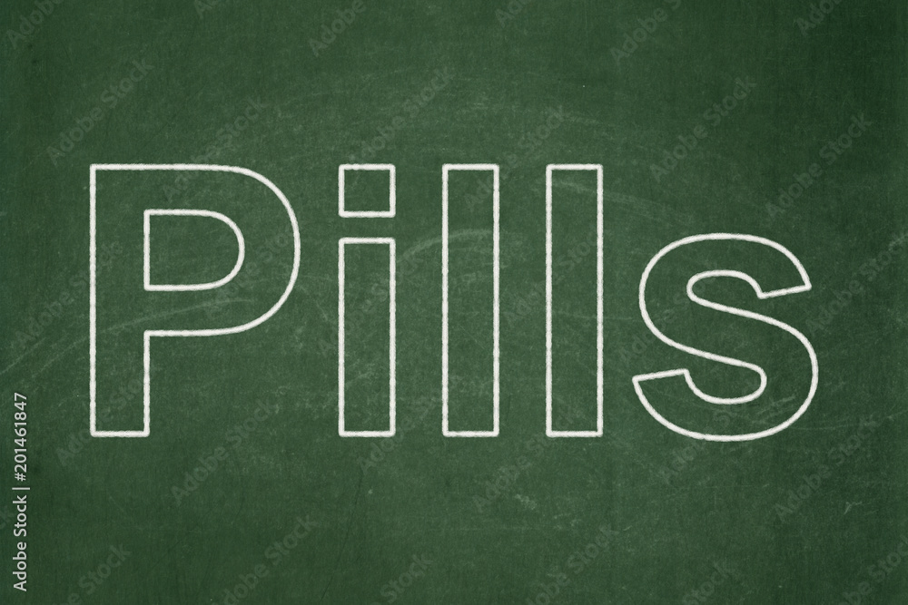 Healthcare concept: text Pills on Green chalkboard background Healthcare concept: text Pills on Green chalkboard background