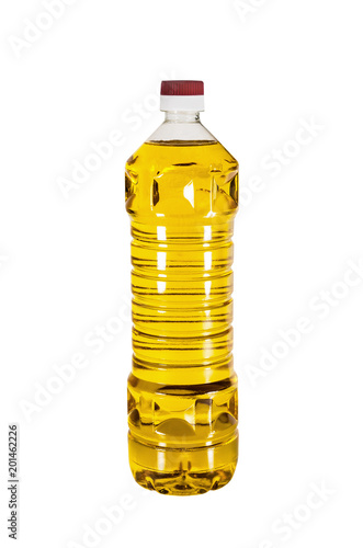 Plastic bottle of vegetable oil isolated on white background