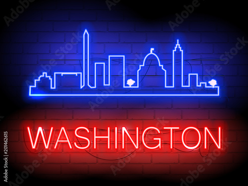 Plakat Neonowa sylwetka Waszyngtońskiego miasta linii horyzontu wektoru tło (Stany Zjednoczone). Ilustracja do drukowania t shirt lub dekoracji ściany. Brickwall jako tło.