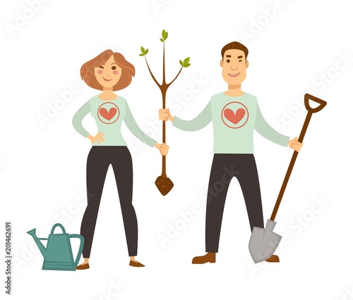 Volunteers in sweater with hearts plant tree sprout