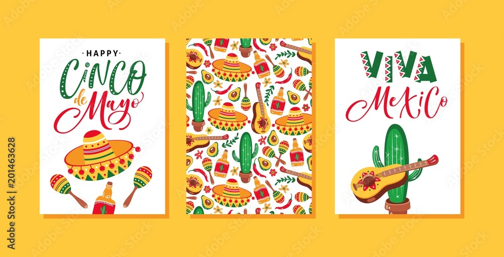 Cinco de Mayo Festival greeting cards design with guitar, sombrero, maracas, cactus, jalapeno, tequila and hand written text.