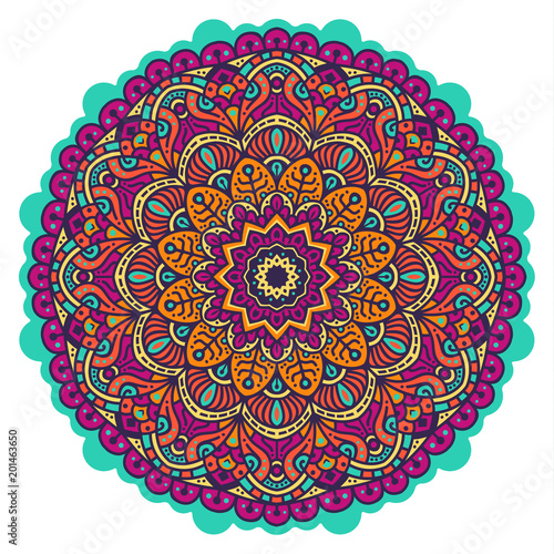 Vector hand drawn doodle mandala with tracery. Ethnic mandala with colorful ornament. Isolated on white background. Doodle illustration.