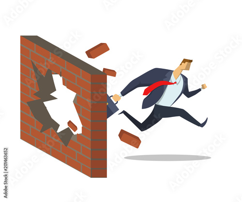 Businessman in office suit breaks down the wall as he runs to his goals. Achieving goals. Race for success. Hurry up. Concept flat vector illustration, isolated on white background.