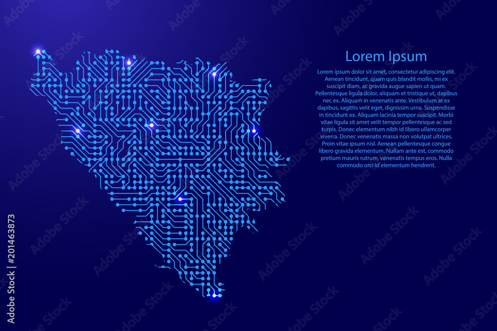 Map Bosnia and Herzegovina from printed board, chip and radio component with blue star space on the contour for banner, poster, greeting card, of vector illustration.