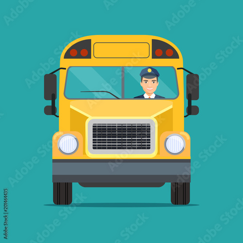 School  bus with Smiling driver in Windows. Vector flat style illustration