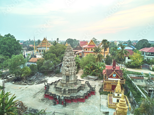 Aerial drone view of a traditionnal cambodian temple