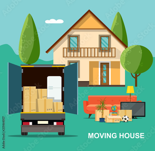 New house for family. Moving House. Vector flat style illustration