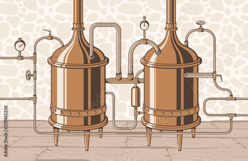 Vintage distillation apparatus sketch. Moonshining vector illustration distillation process